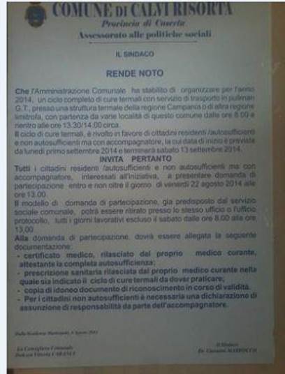 Calvi Risorta: Calvi Risorta, anche questanno cure termali per i cittadini. Domande entro il 22