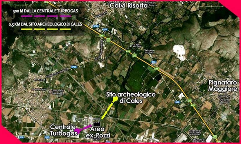 la distanza dell'area individuata per la Centrale a Biomasse dal sito archeologico di Cales